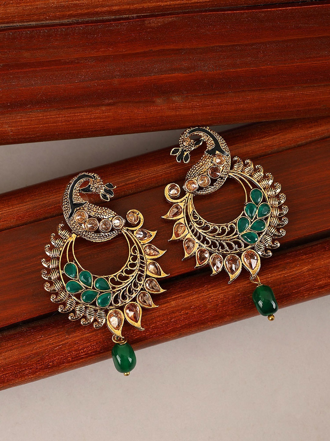 

ANIKAS CREATION Gold-Plated Stone Studded Contemporary Chandbalis, Green