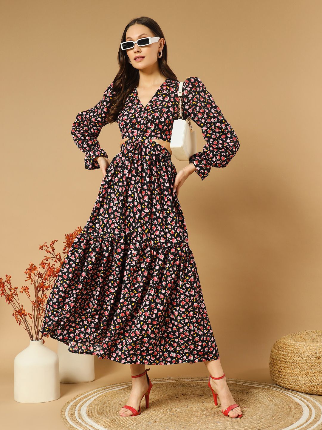 

OTABU Women Floral Print Ruffled A-Line Maxi Dress, Black