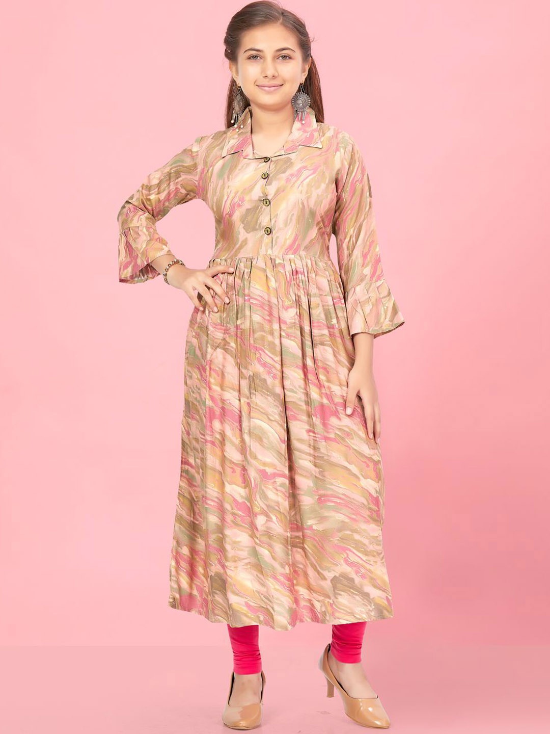 

BAESD Girls Abstract Printed Bell Sleeves A-Line Kurta, Beige