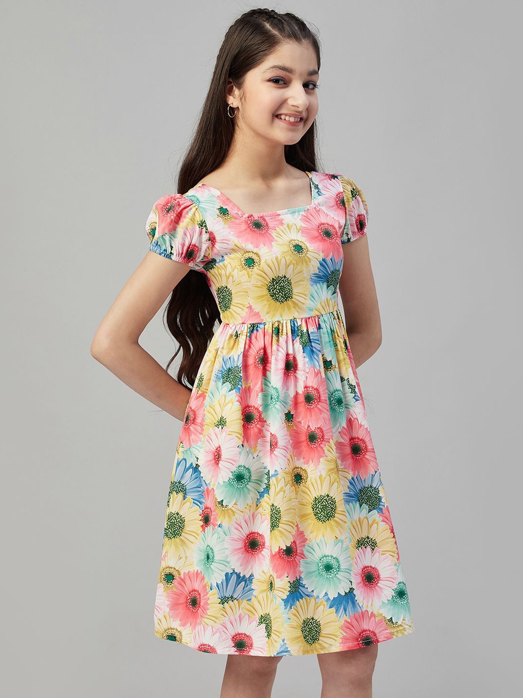 

Stylo Bug Girls Floral Printed Square Neck Puff Slevees Fit & Flared Knee Length Dress, Multi