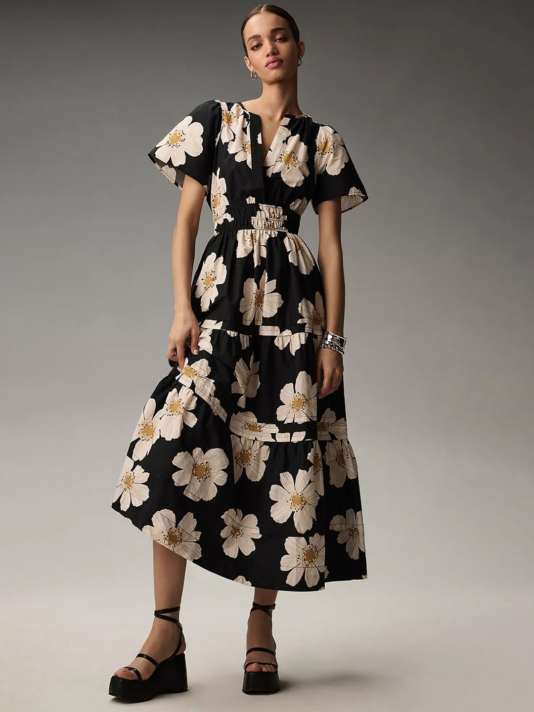 

TIRA Women Floral Printed Short Sleeve Fit & Flare Maxi Dress, Black