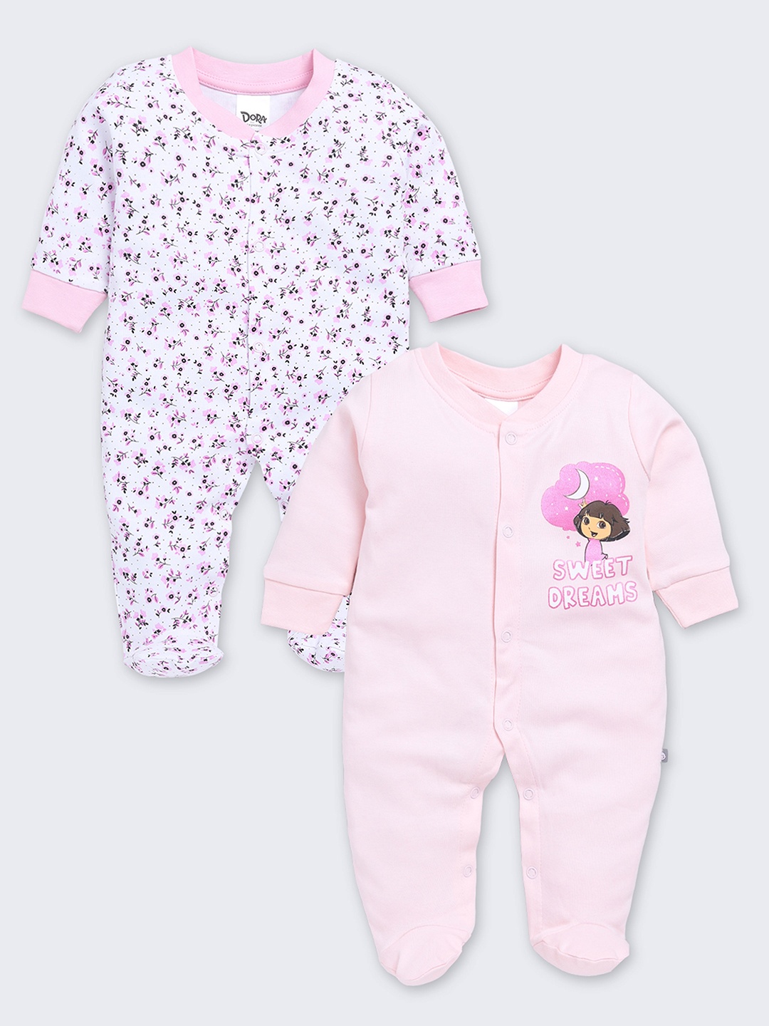 

YK X Tinyo Infant Girls Pack of 2 Printed Pure Cotton Sleepsuits, Pink