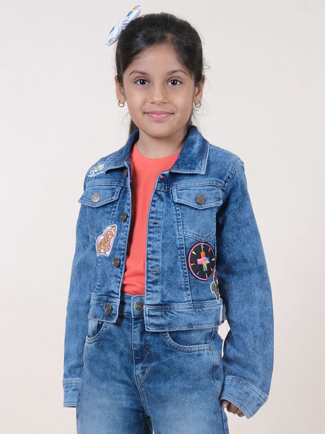 

KiddoPanti Girls Washed Denim Jacket with Patchwork, Blue