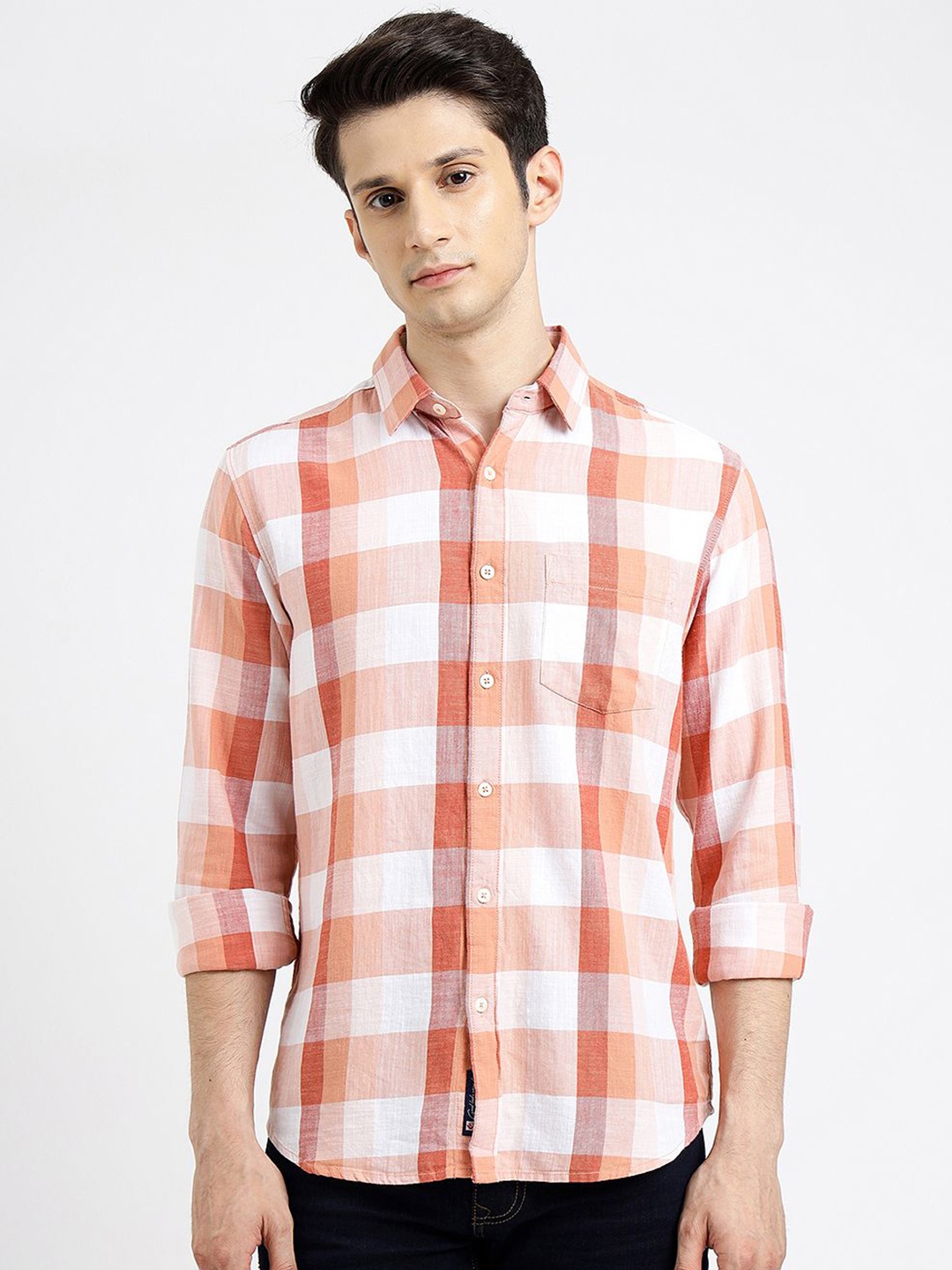 

Greenfibre Men Spread Collar Buffalo Checked Cotton Slim Fit Casual Shirt, Orange