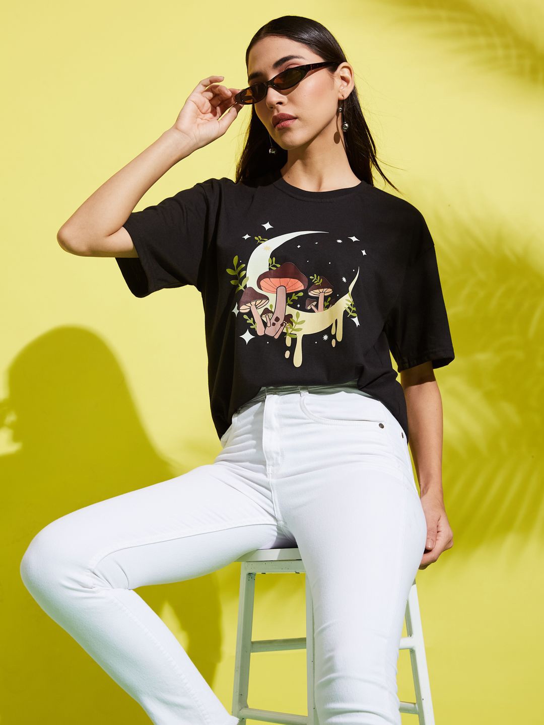 

AAHWAN Women Graphic Printed Round Neck Oversized T-shirt, Black