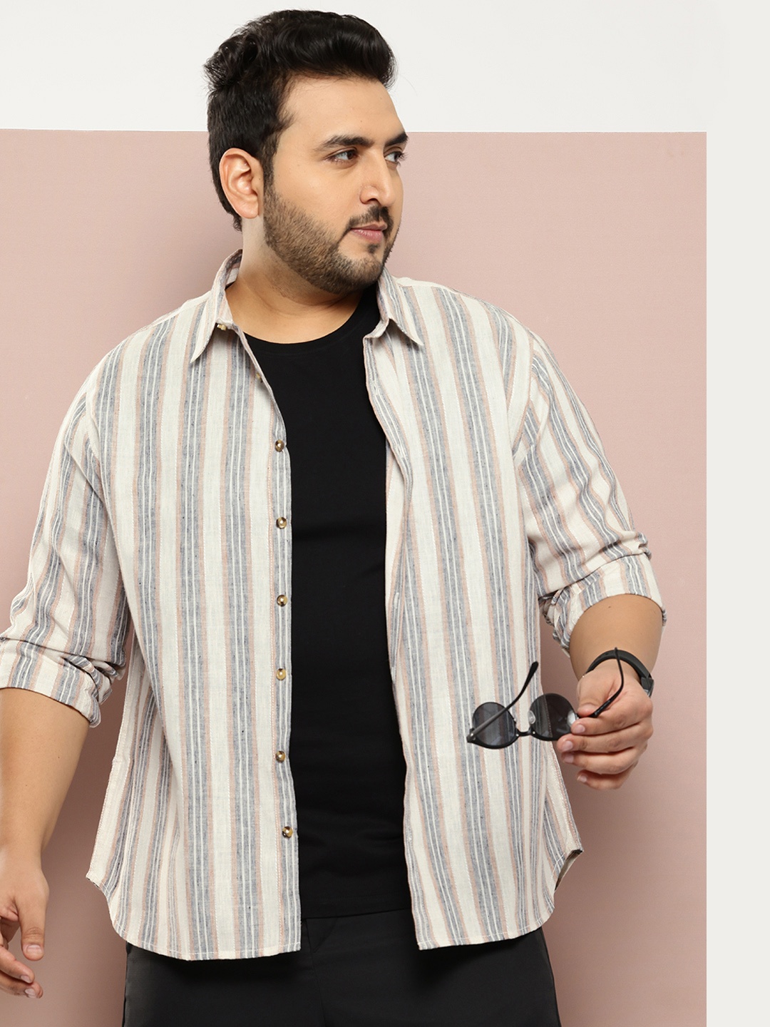 

Sztori Men Plus Size Striped Casual Shirt, Off white