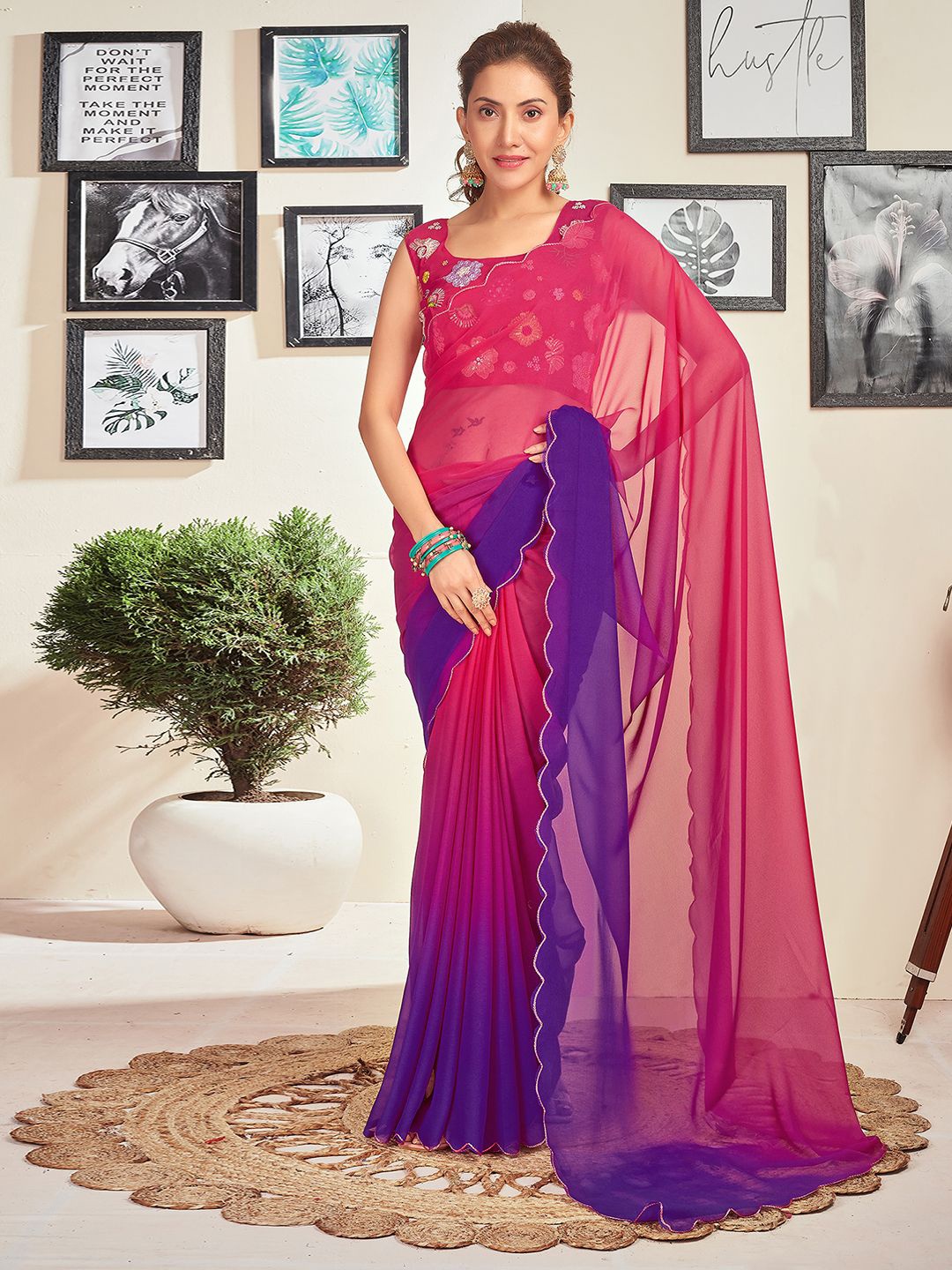 

all about you Ombre Pure Georgette Saree, Pink