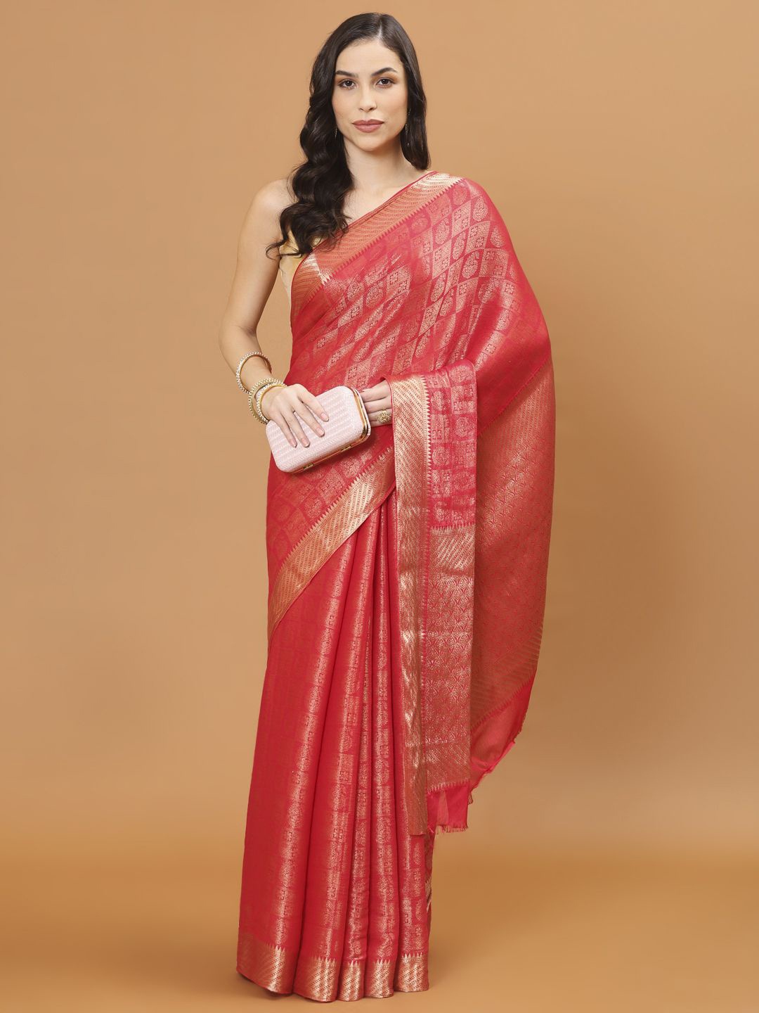 

Meena Bazaar Woven Design Zari Poly Crepe Saree, Pink