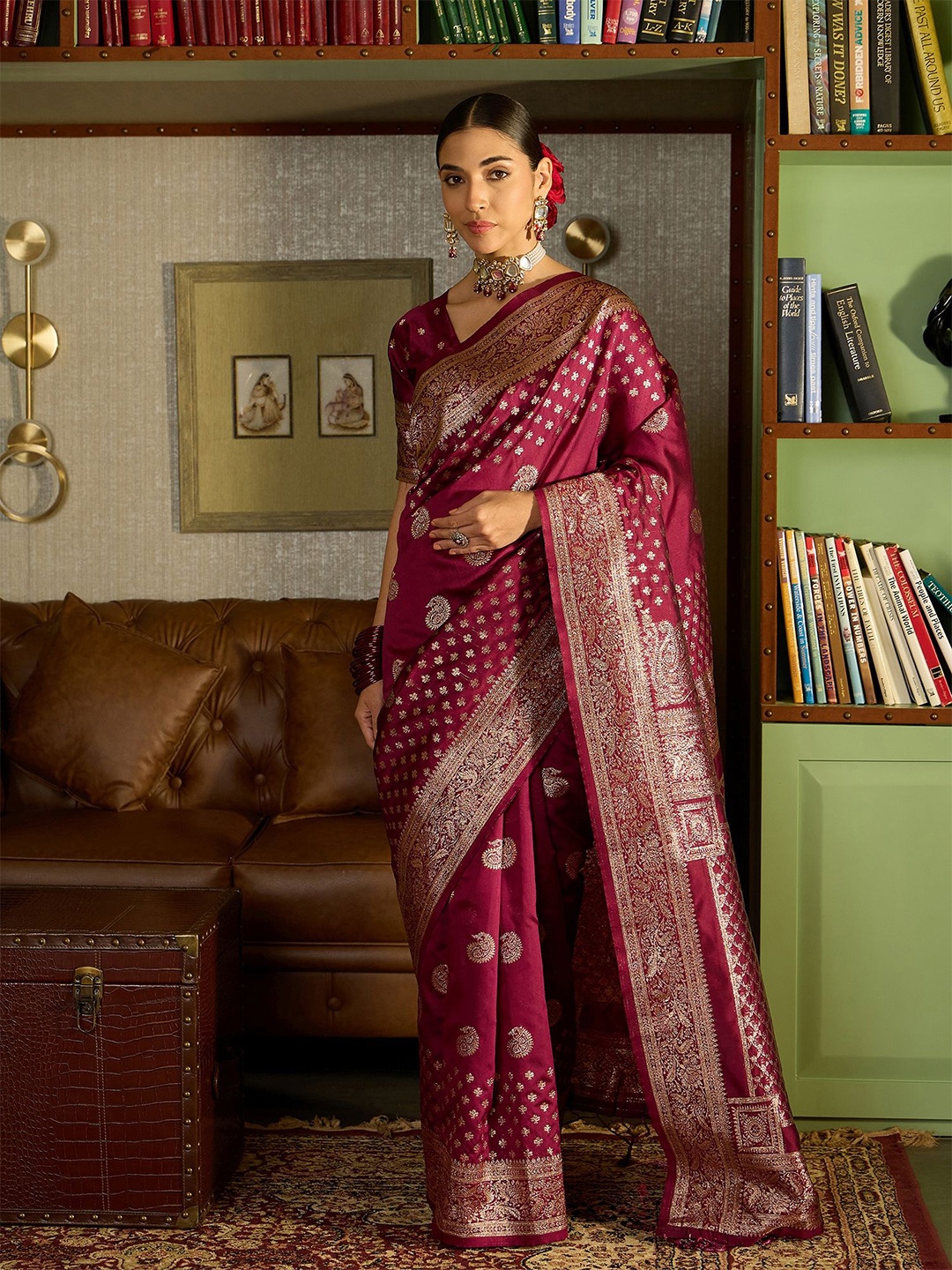 

Sangria Woven Design Zari Banarasi Saree With Blouse Piece, Burgundy