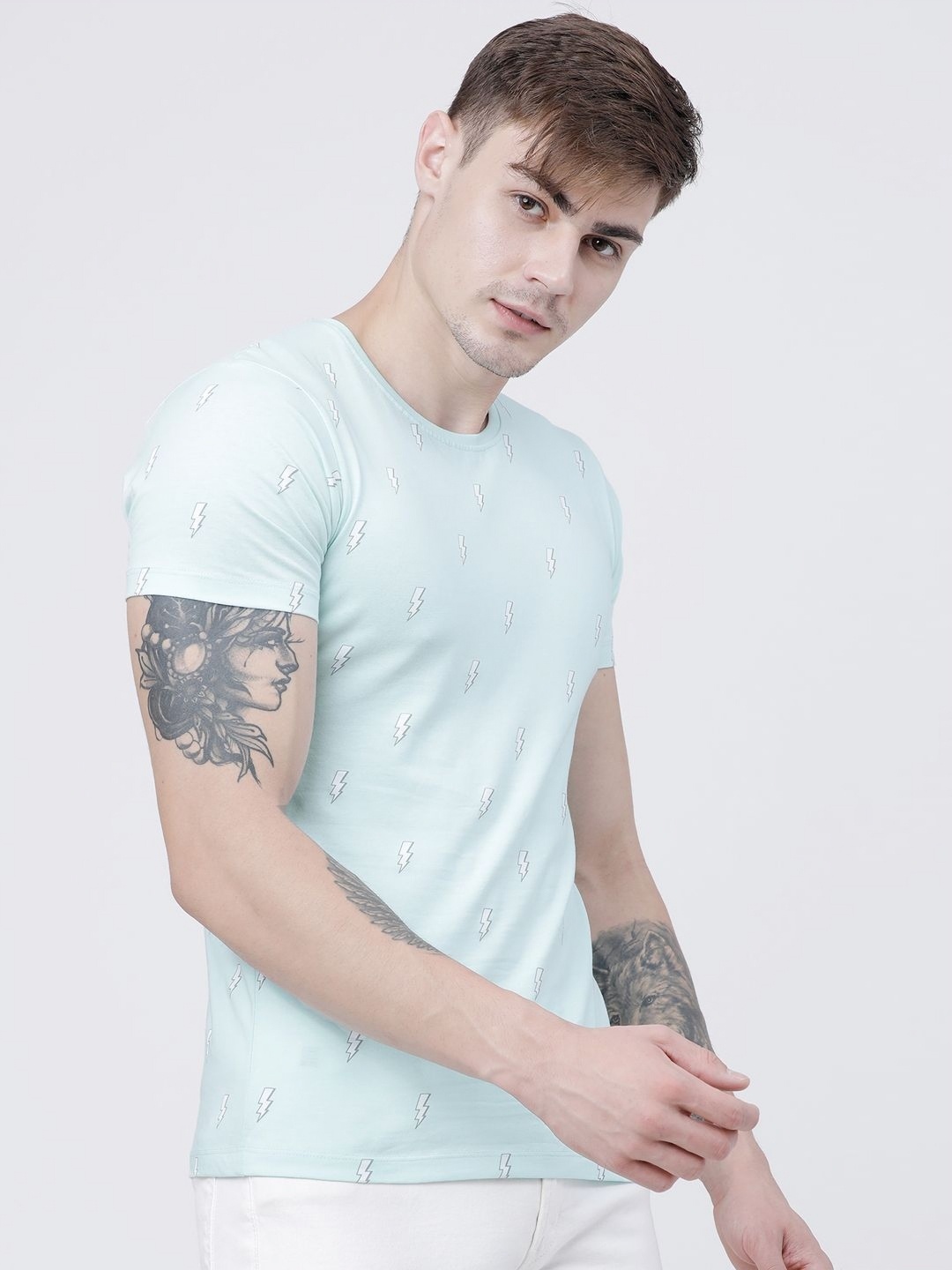 

HIGHLANDER Men Conversational Printed Round Neck Cotton Slim Fit T-shirt, Turquoise blue