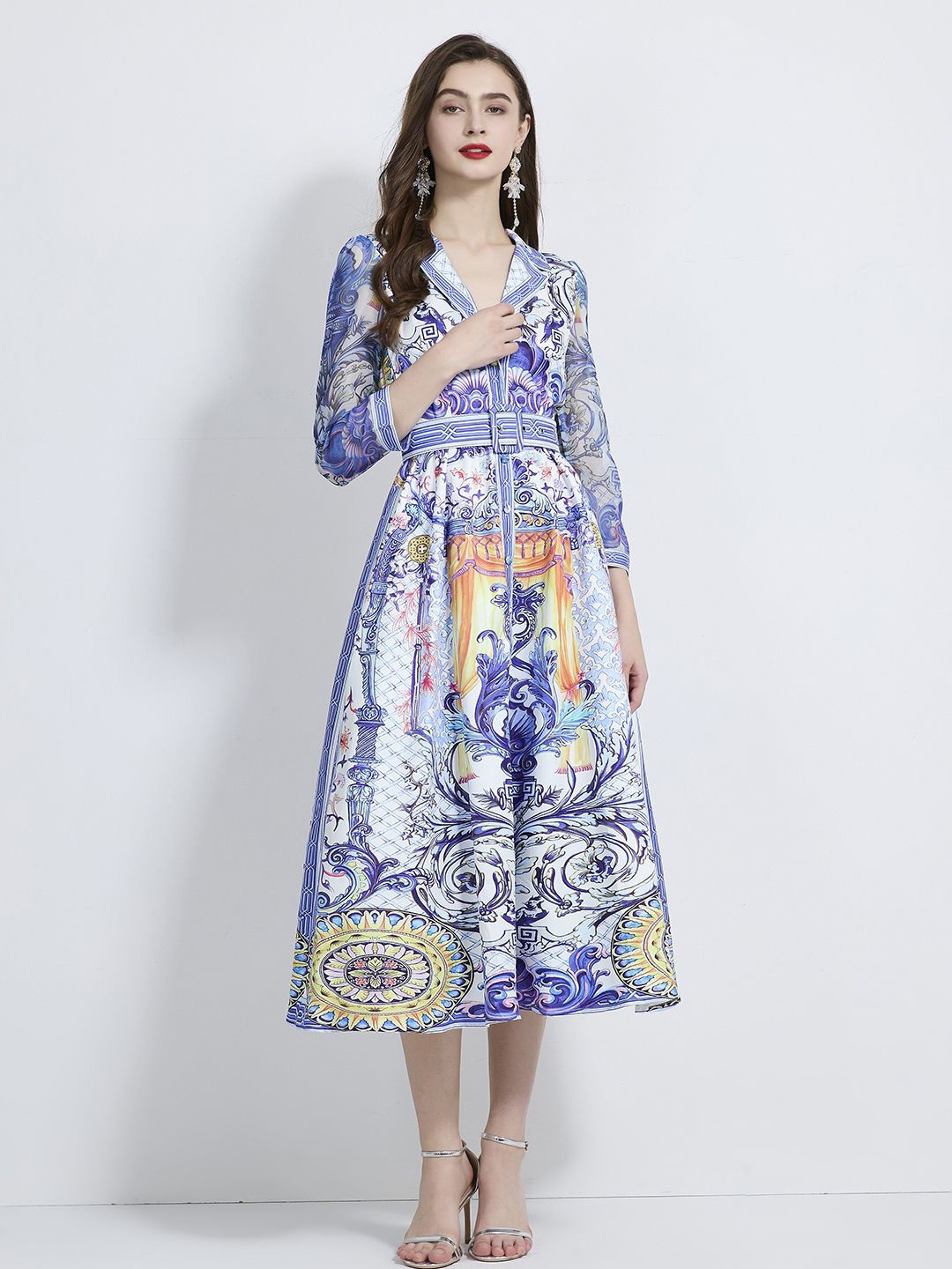 

JC Collection Ethnic Motifs Printed Fit & Flare Midi Dress, Blue