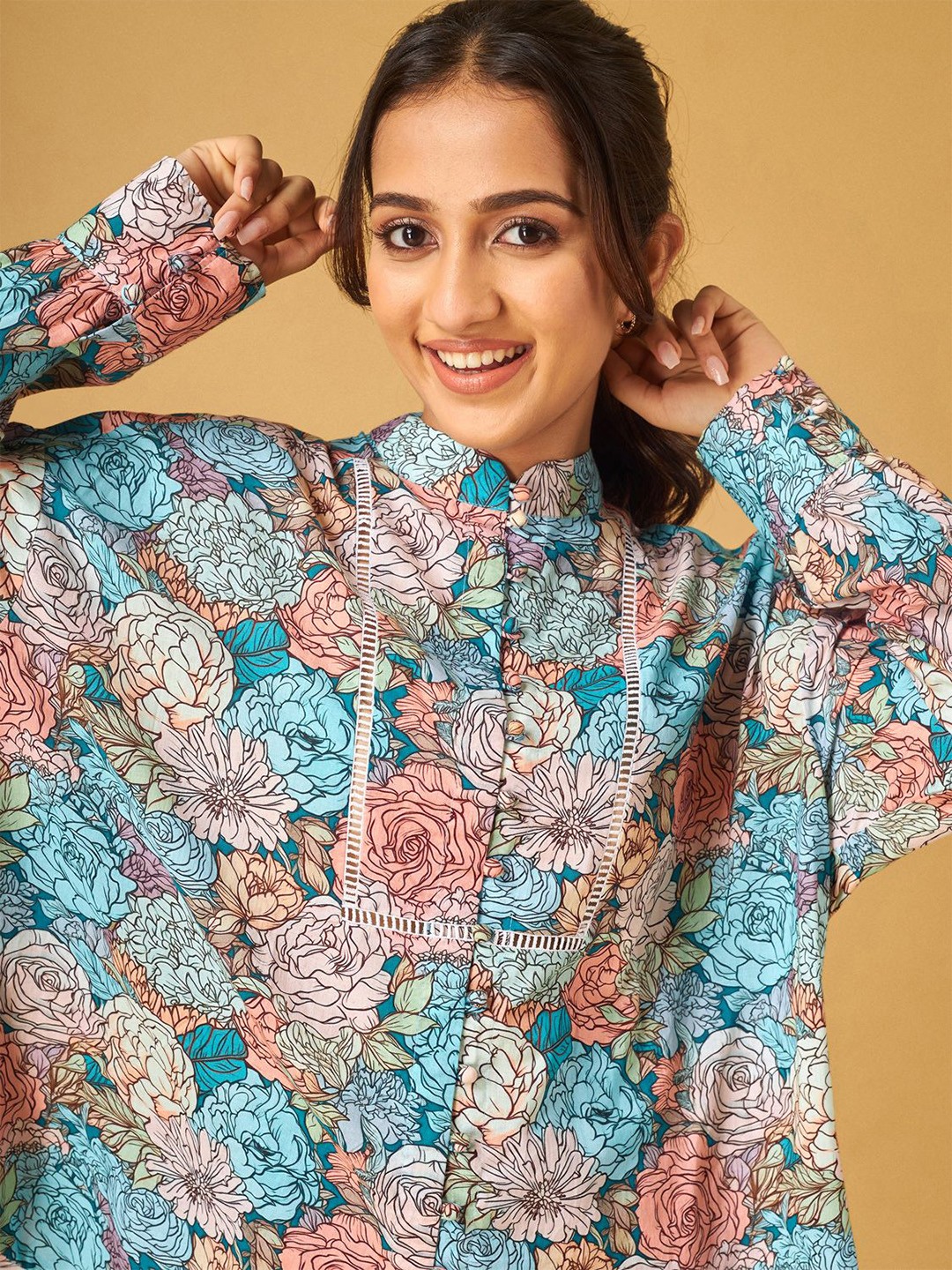 

Maisolos Women Band Collar Floral Printed Cotton Relaxed Fit Casual Shirt, Multi