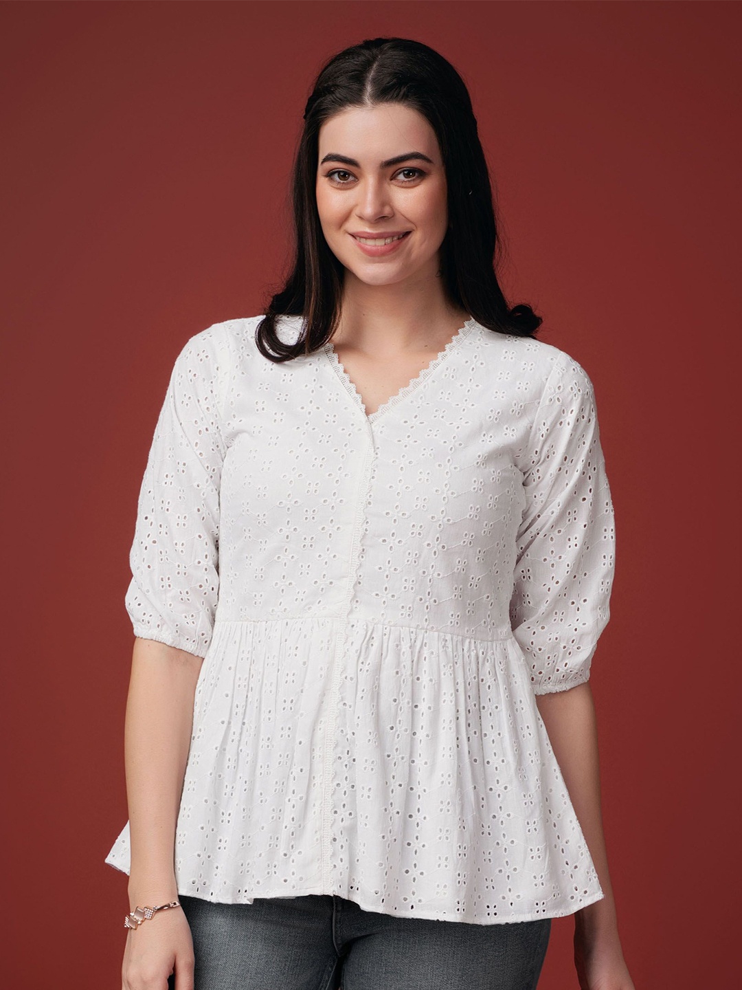 

MOJILAA Women Self Design V-Neck Top, White