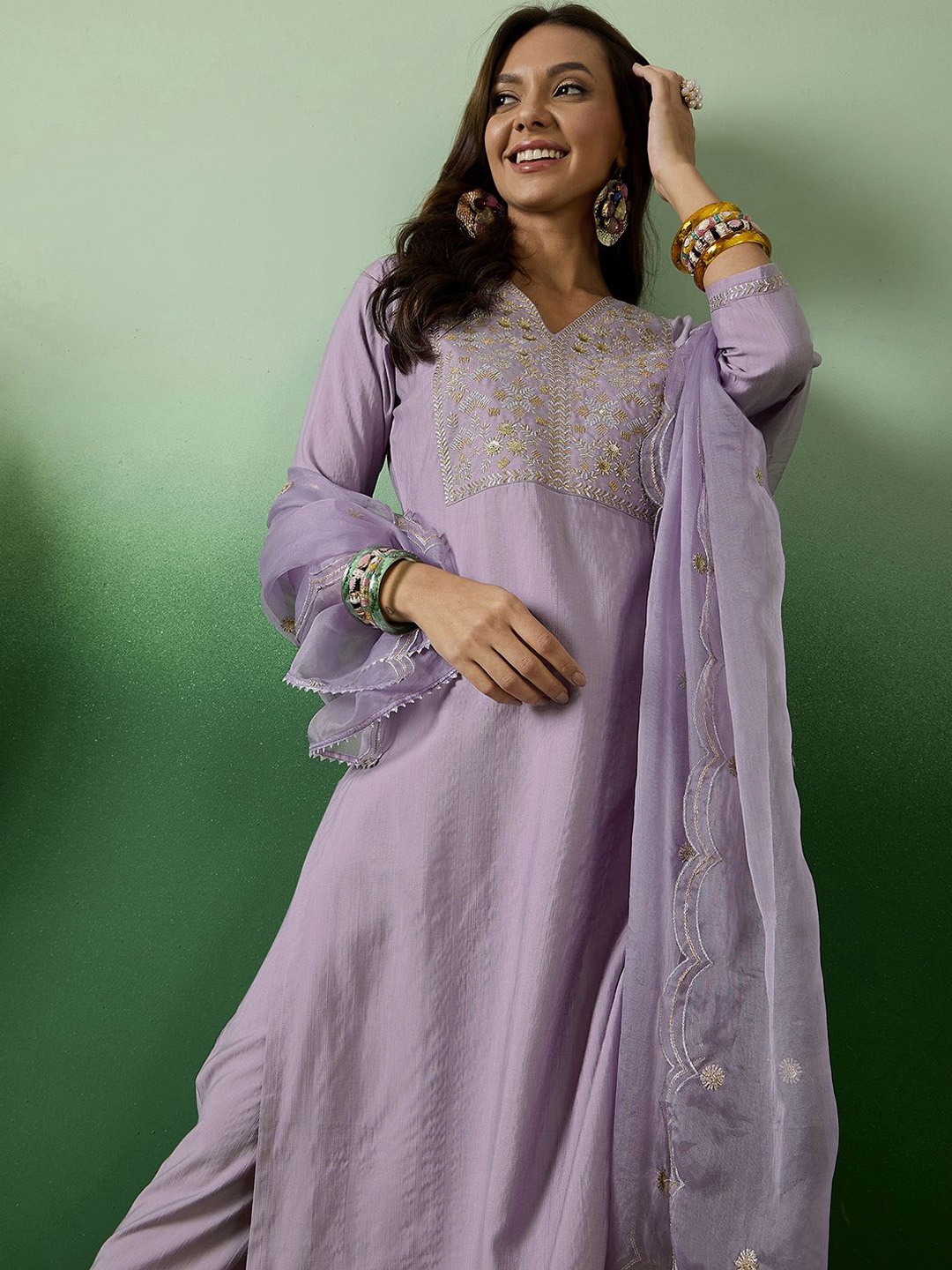 

Sangria Embroidered Straight Kurta With Trousers & Dupatta, Purple
