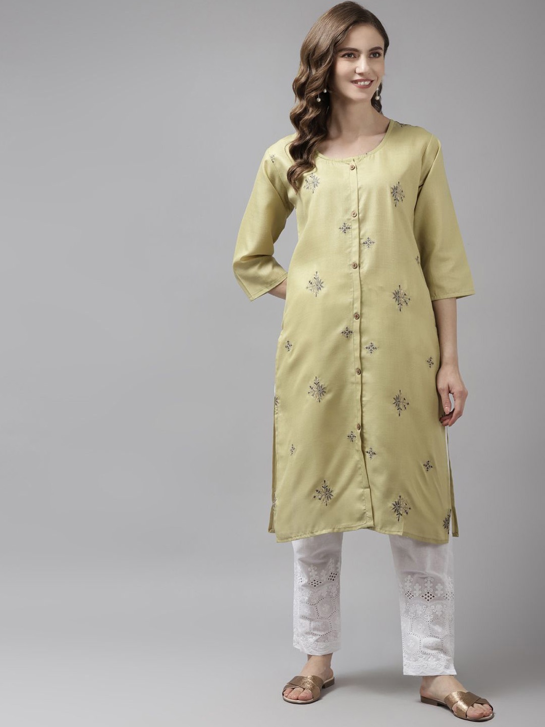 

BAESD Floral Embroidered Cotton Straight Kurta, Green