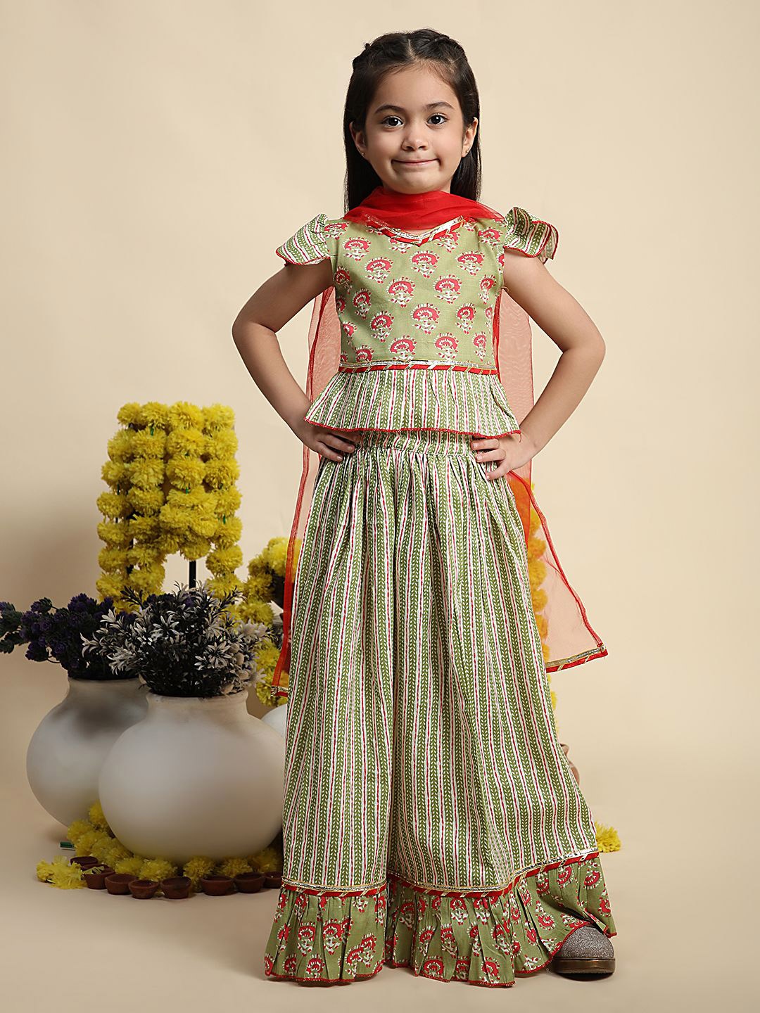 

Cutiekins Girls Floral Printed Cotton Gotta Patti Ready to Wear Lehenga & Blouse & Dupatta, Olive