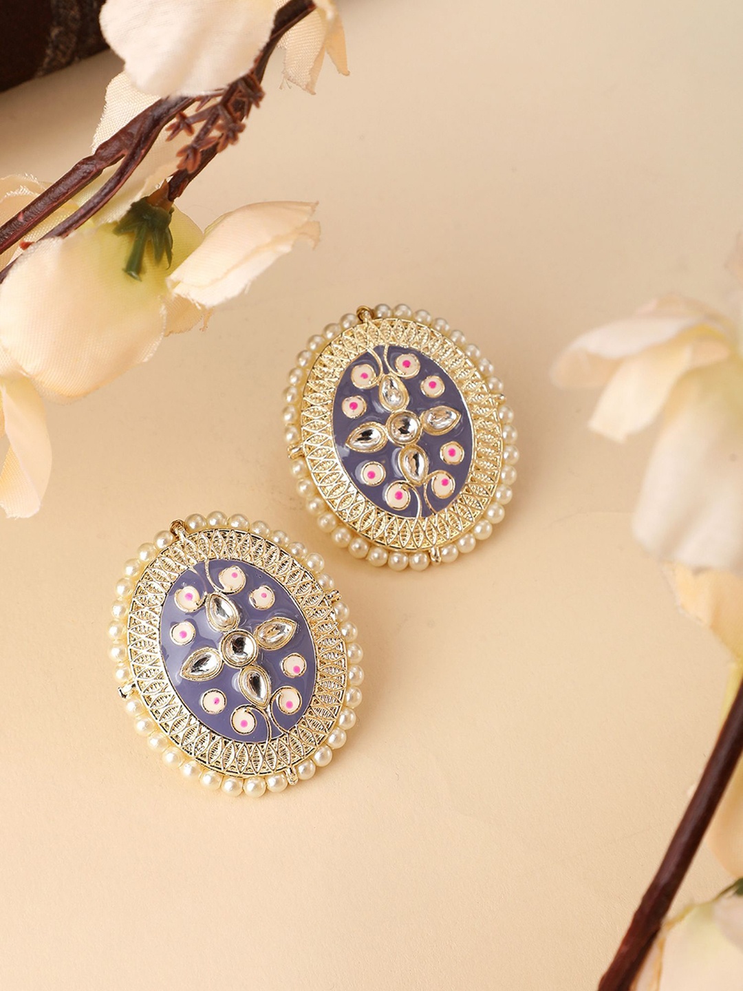 

ANIKAS CREATION Gold Plated Kundan & Pearl Oval Studs, Blue