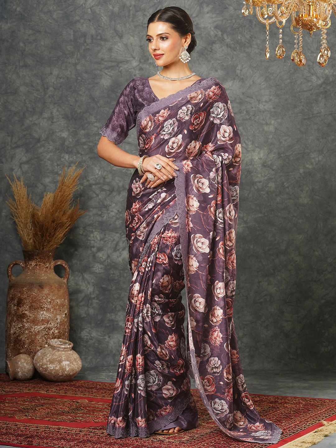 

Satrani Floral Printed Sequinned Saree, Purple