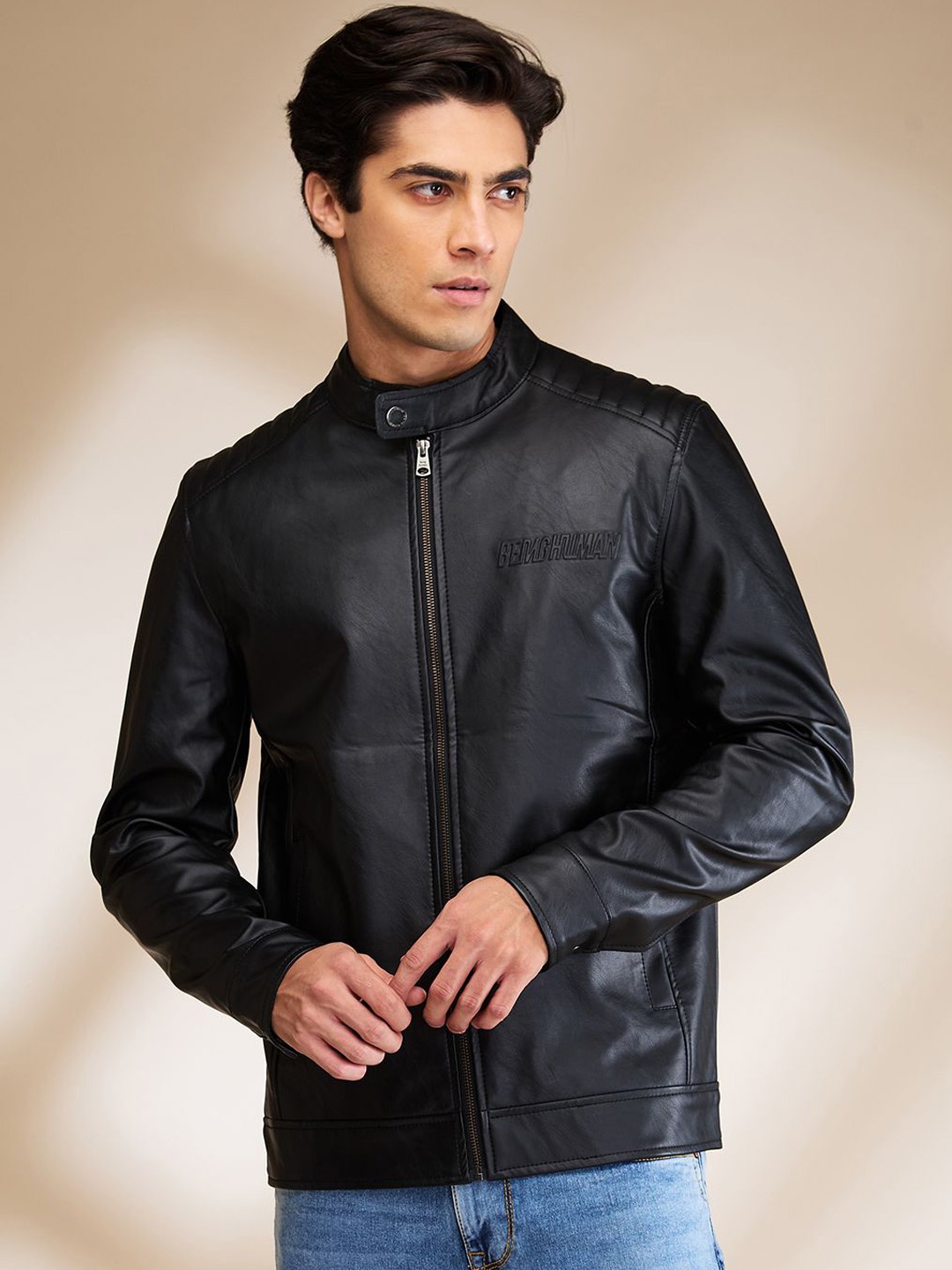 

Being Human Men Cotton Black Long Sleeves Mock Neck Biker Jacket