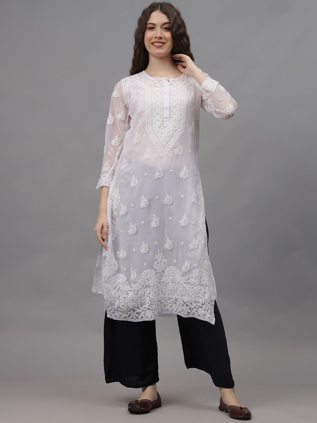 

Seva Chikan Ethnic Motifs Embroidered Chikankari Georgette Straight Kurta, White