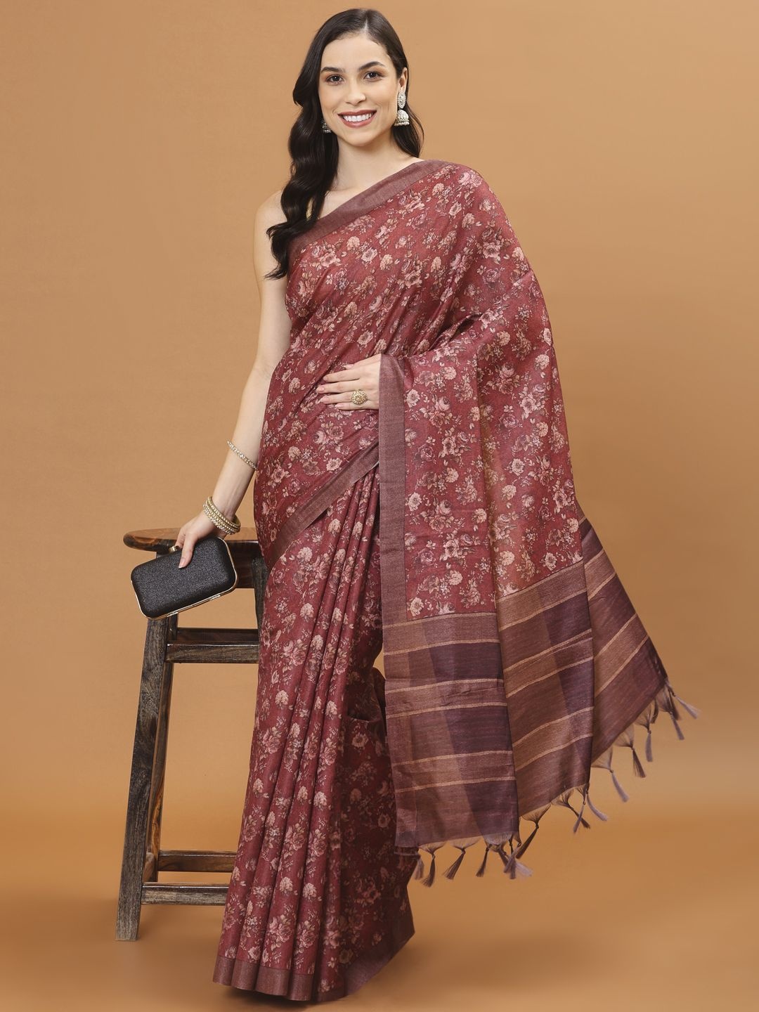 

Meena Bazaar Floral Art Silk Rust Printed Handloom Saree