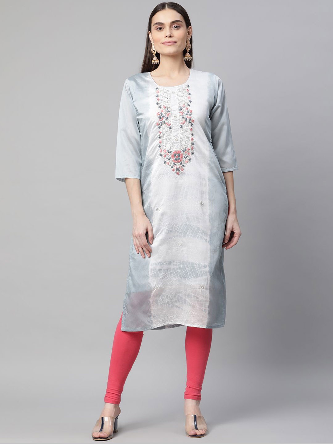 

BAESD Floral Embroidered Chikankari Cotton Straight Kurta, Grey