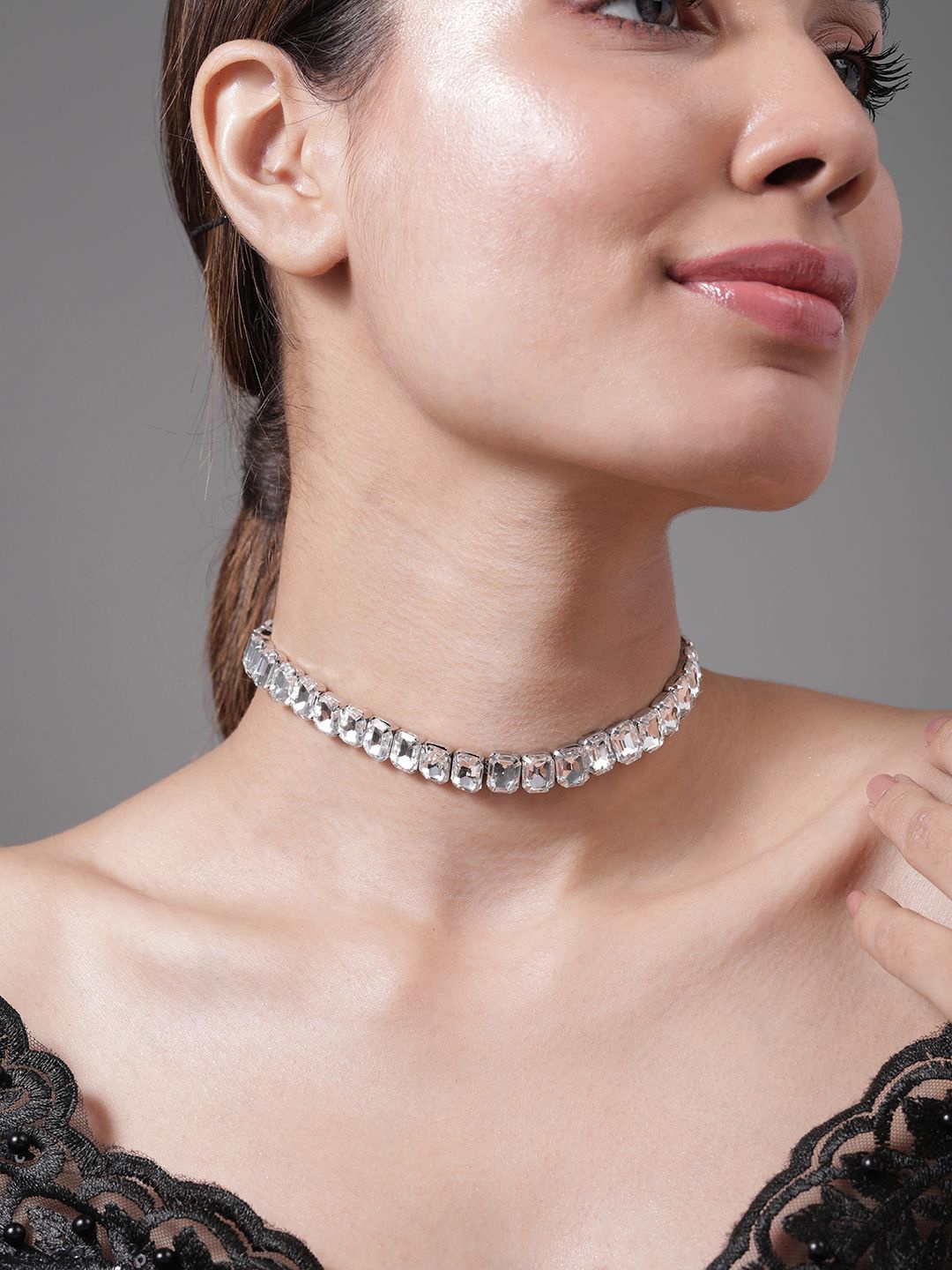 

Rubans Rhodium Plated Crystal AD & Zirconia Studded Luxurious Choker Necklace, Silver