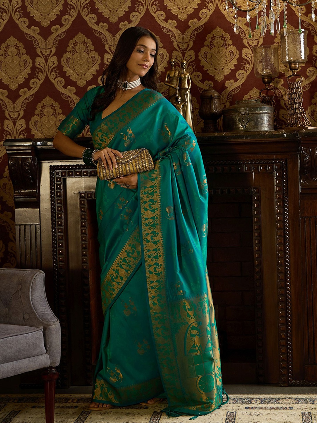 

Sangria Woven Design Traditional Banarasi Saree With Zari, Blue