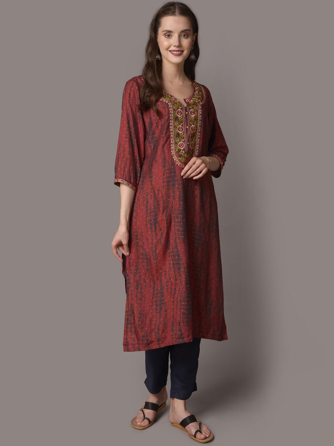 

Shree Embroidered Thread Work Liva Straight Kurta with Trousers, Pink