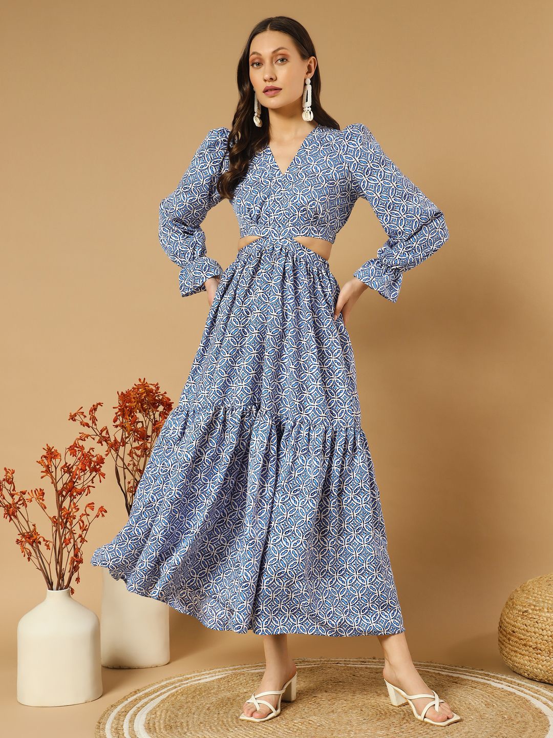 

OTABU Women Floral Print Ruffled A-Line Maxi Dress, Blue