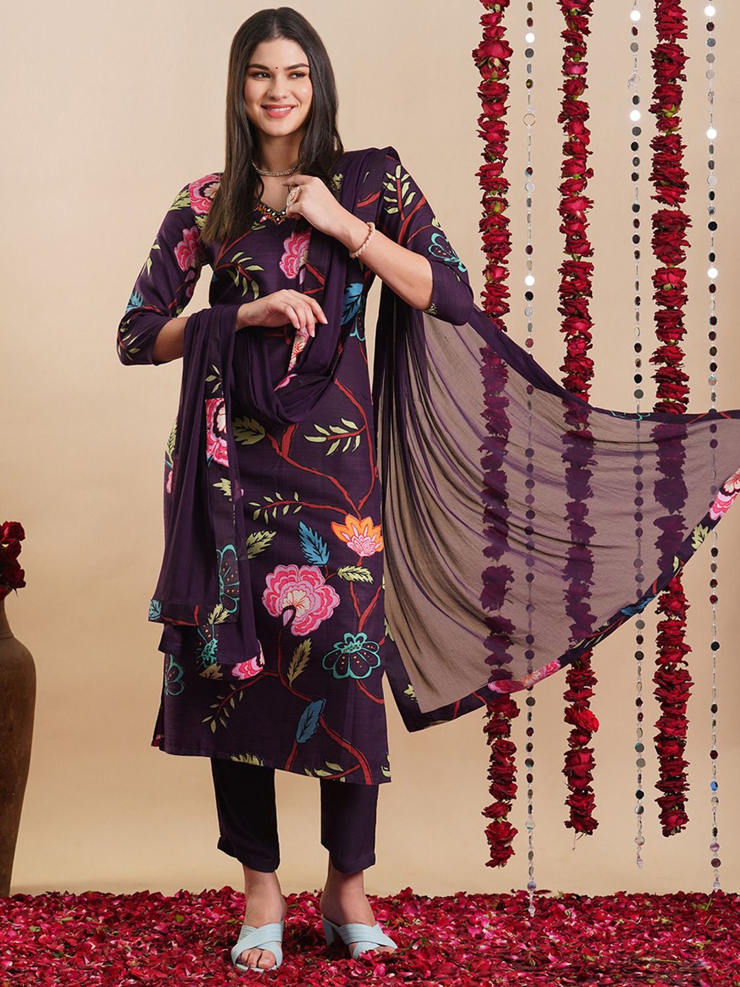 

Anni Designer Floral Printed Regular Straight Kurta with Trousers & Dupatta, Purple