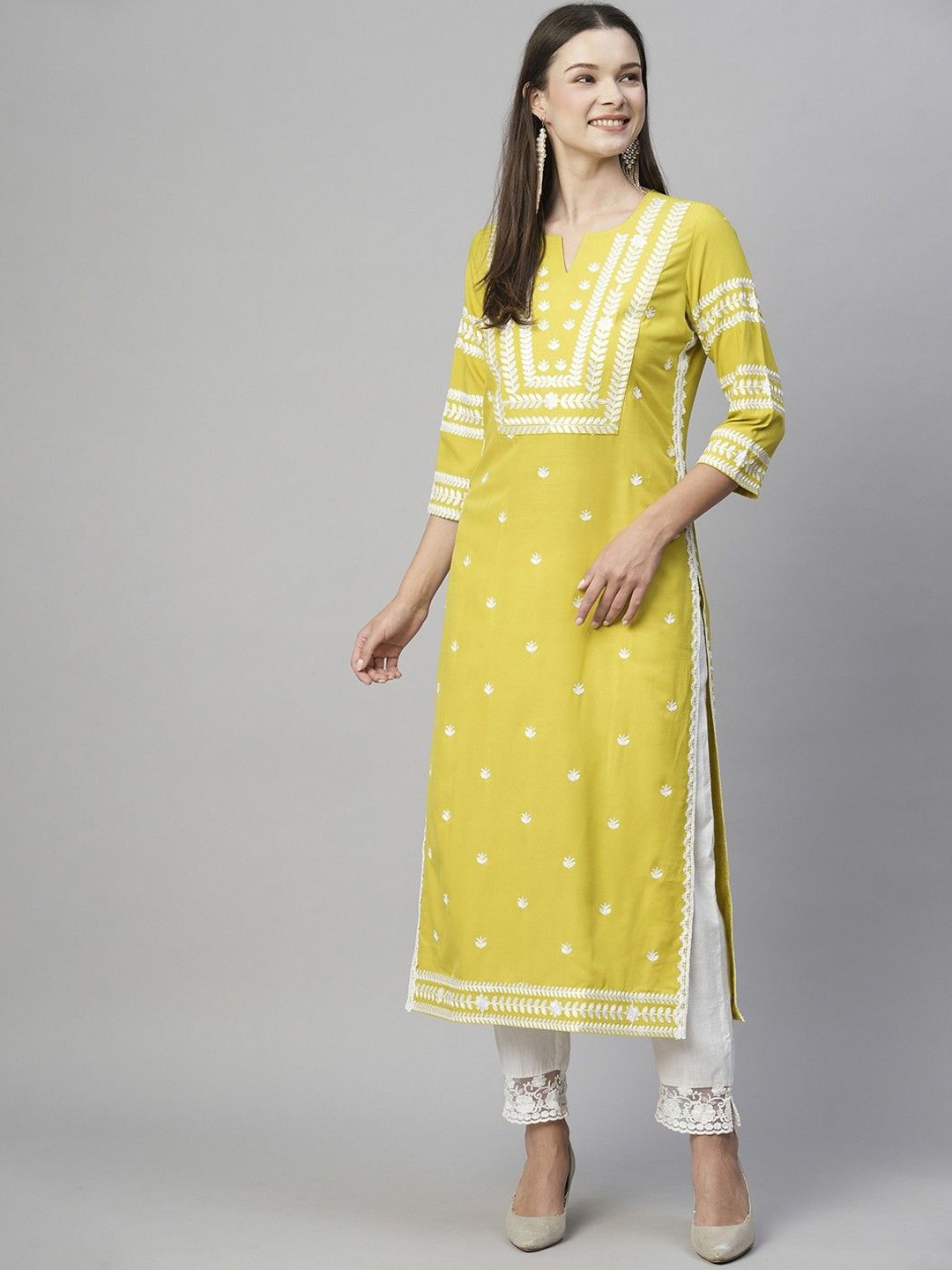 

GoSriKi Embroidered Chikankari Notch Neck Straight Kurta, Mustard