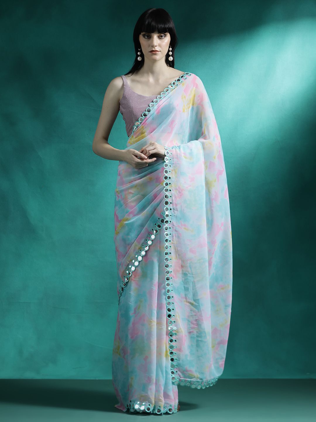 

Sangria Printed & Embroidered Saree, Turquoise blue