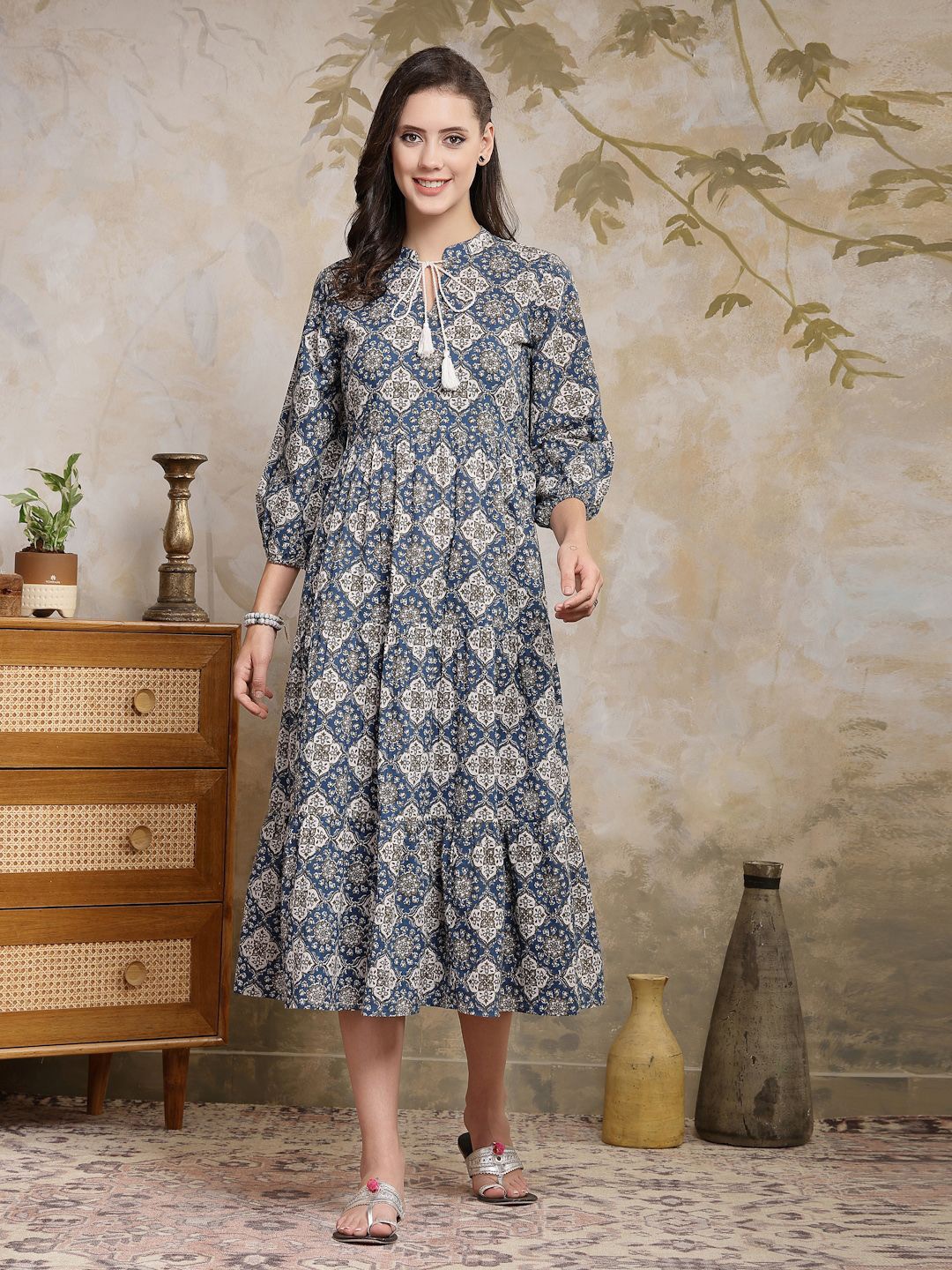 

Stylum Ethnic Motifs Printed Puff Sleeve Fit & Flare Midi Dress, Blue