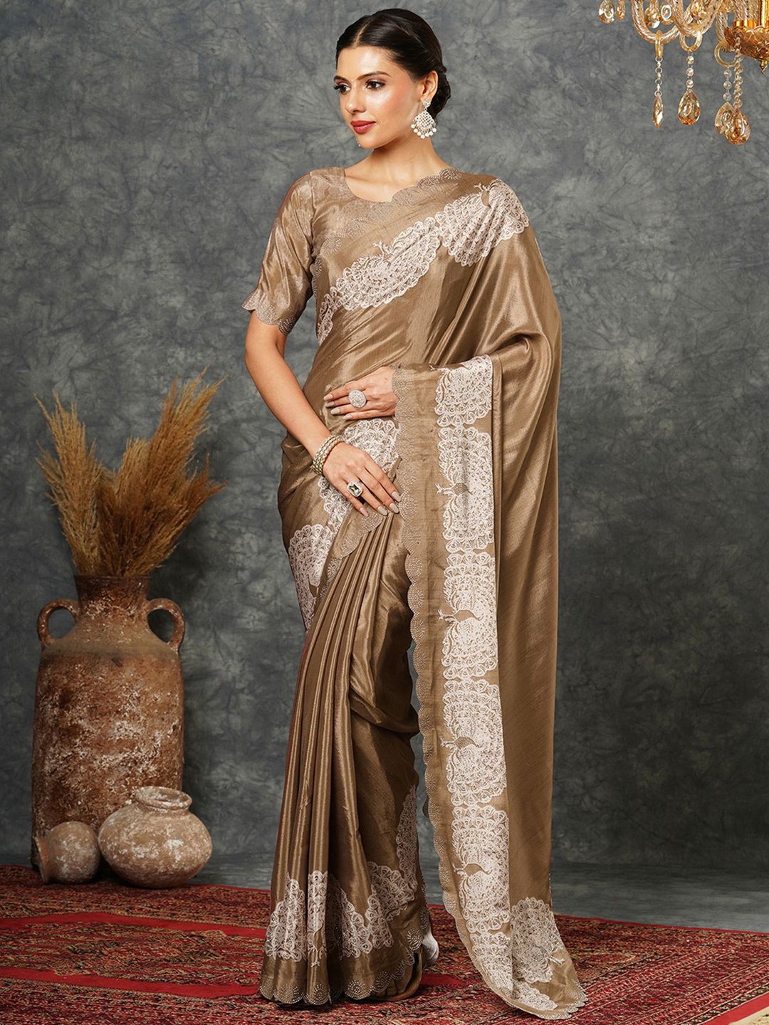 

Satrani Ethnic Motifs Printed Embellished Pure Silk Saree, Brown