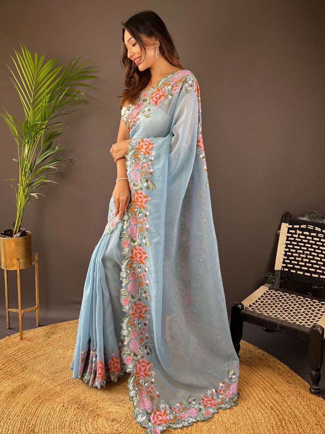 

Celeb Styles Floral Embroidered Saree, Blue