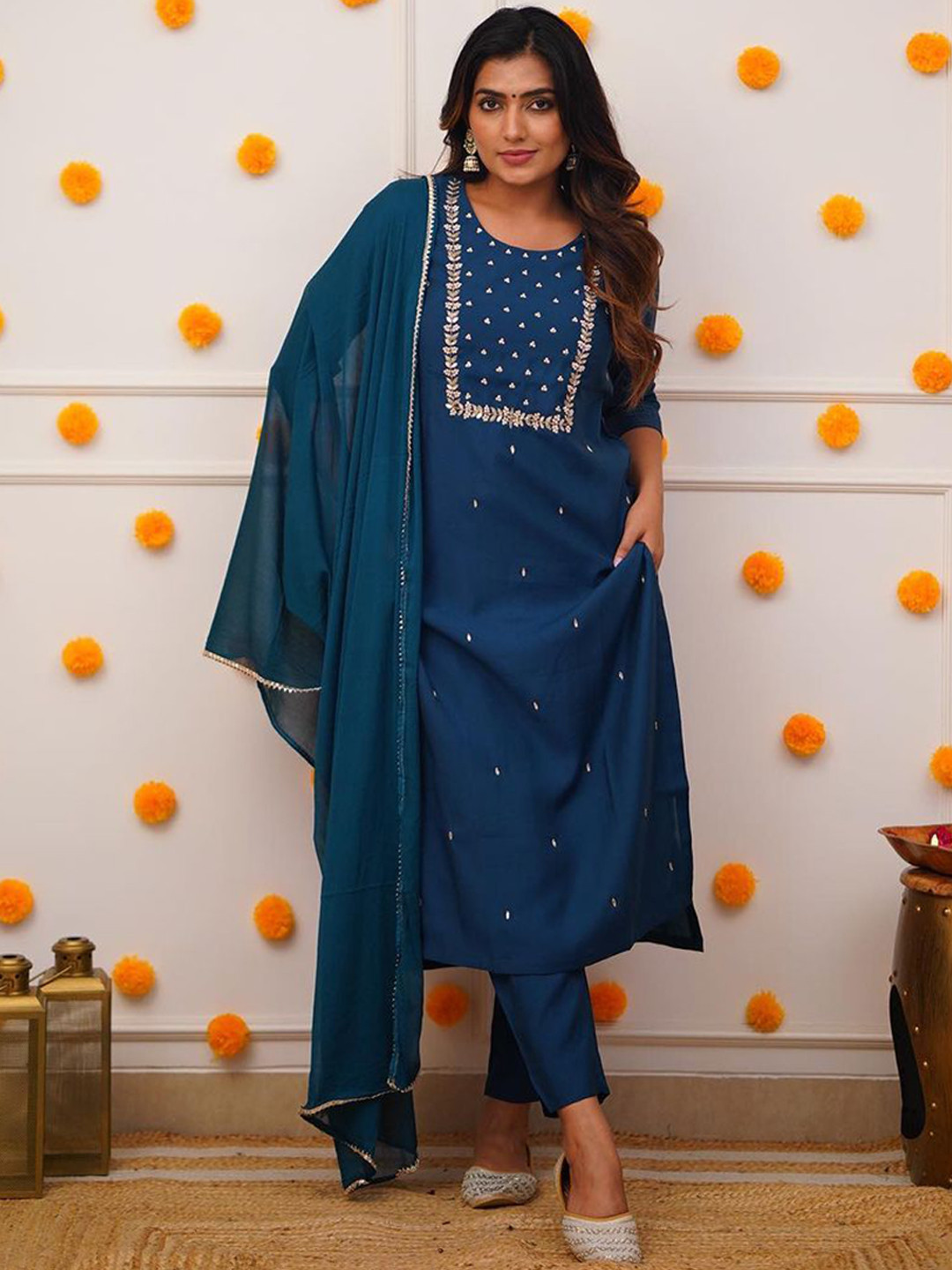 

KALINI Ethnic Motifs Embroidered Kurta & Trousers With Dupatta, Blue