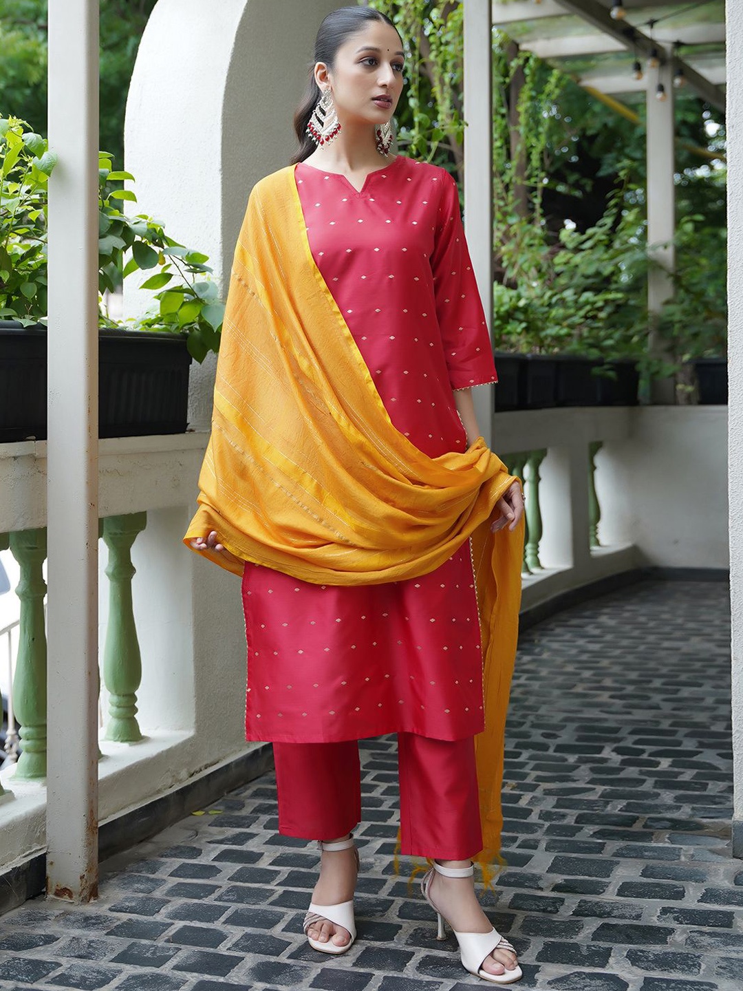 

KALINI Woven Design Kurta With Trousers & Dupatta, Red