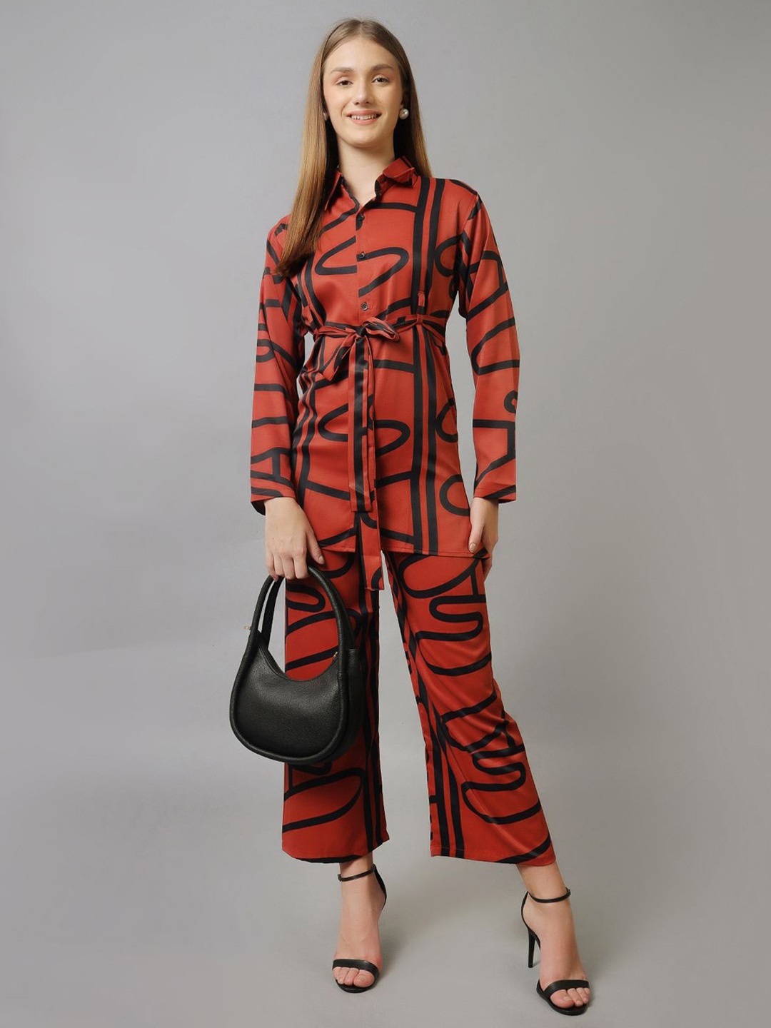 

Softwrap Women Abstract Printed Collar Shirt With Trousers Belted Co-Ords, Rust
