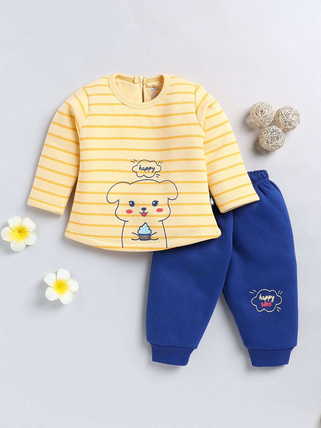 

YK X Tinyo Infant Girls Striped Pure Cotton Top with Joggers, Yellow