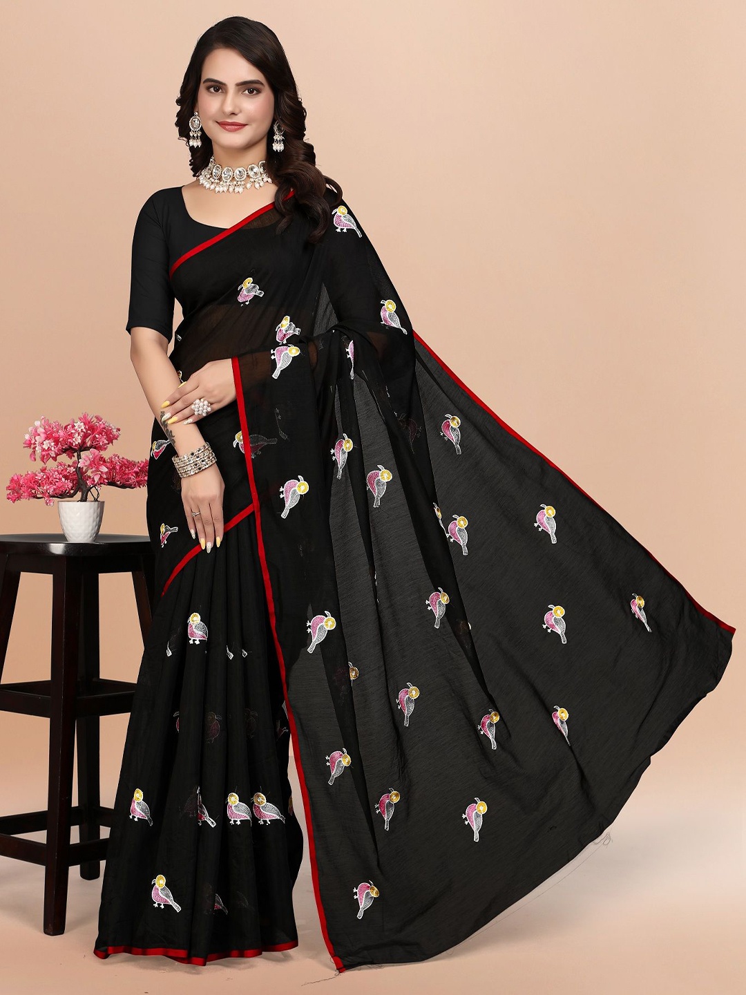 

LADY SHOPI Ethnic Motifs Pure Cotton Chanderi Daily Saree, Black