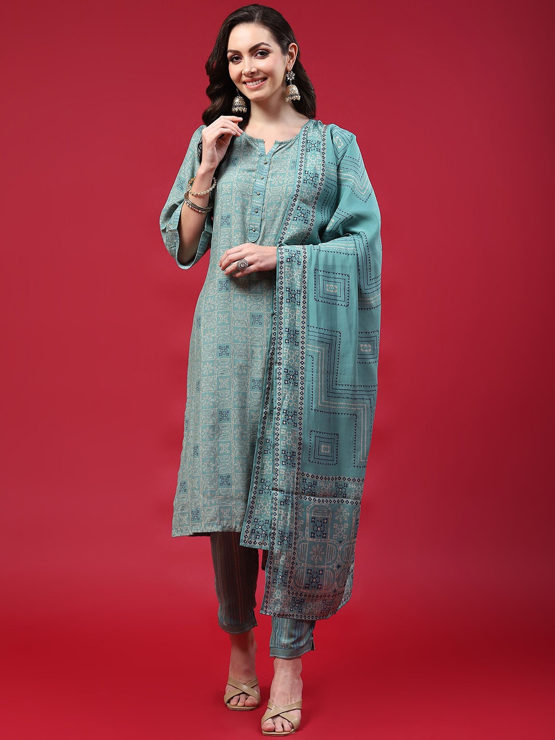 

Shree Geometric Printed Round Neck Liva Straight Kurta With Trousers & Dupatta, Turquoise blue