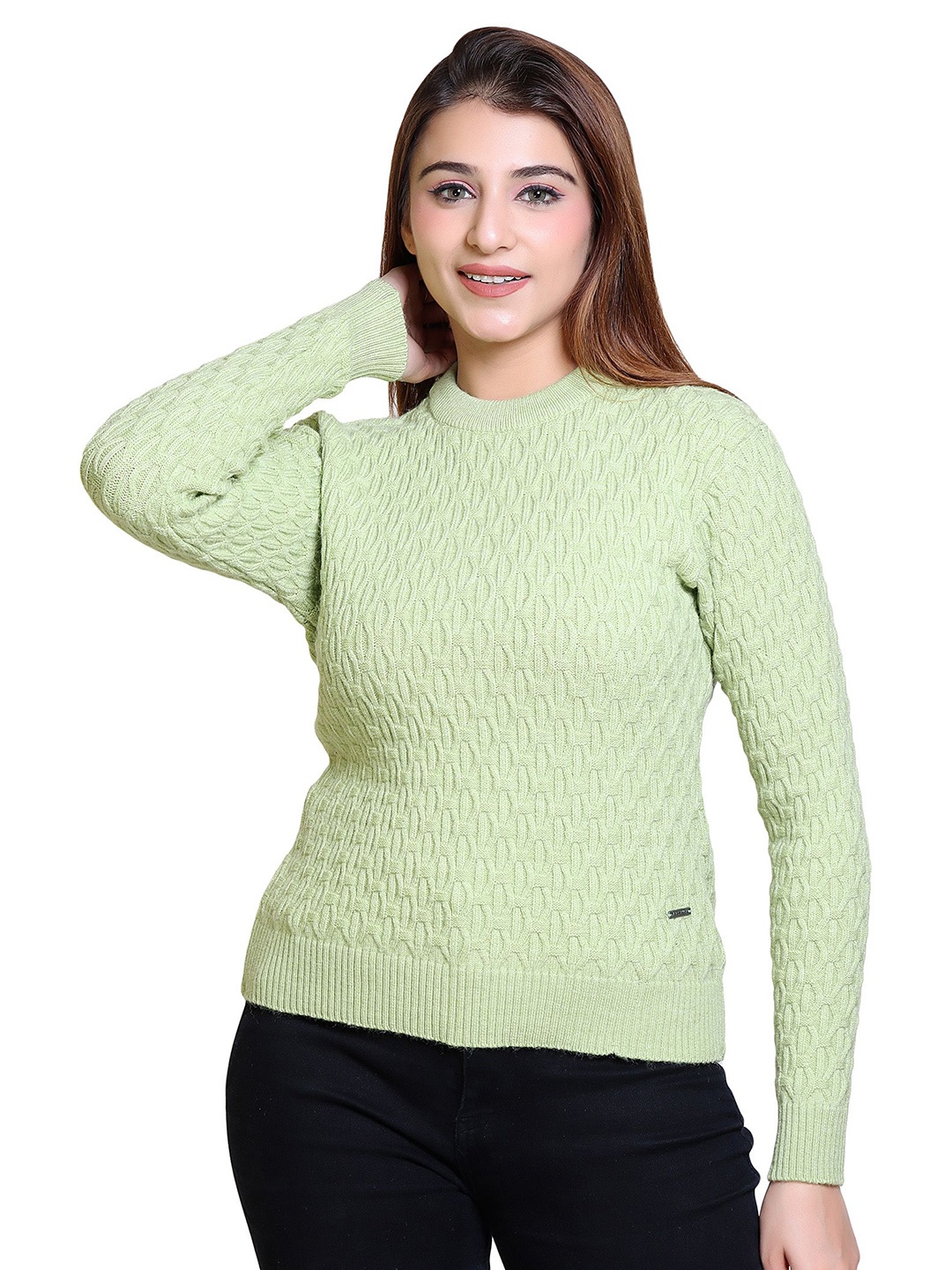 

LEZA Women Cable Knit Round Neck Pullover Sweater, Green