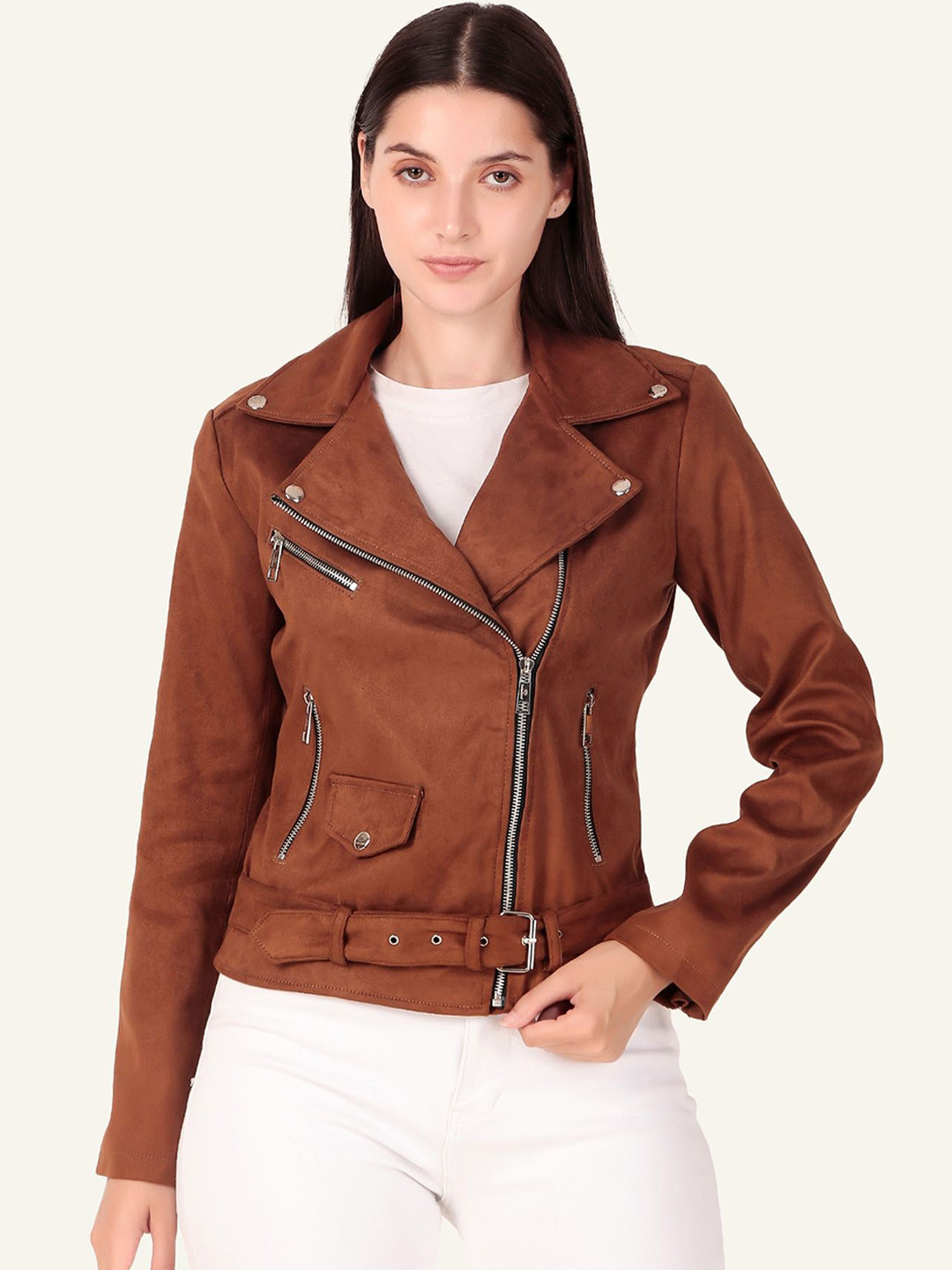 

Leather Retail Women Solid Biker Jacket, Brown