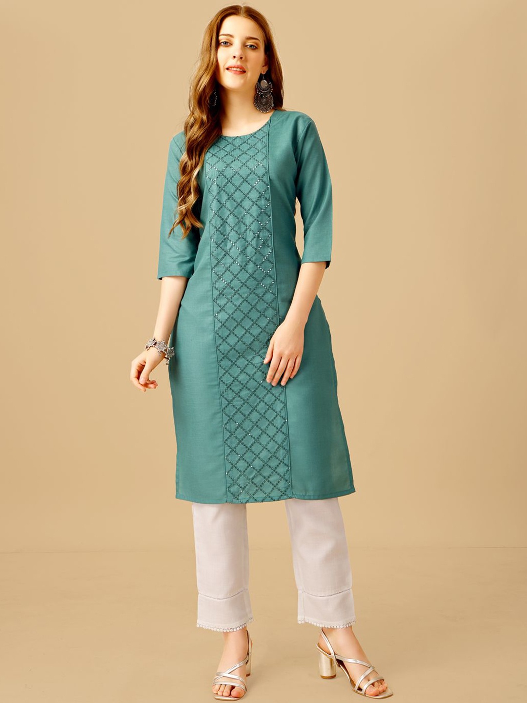 

KAYOMMI Embroidered Thread Work Straight Kurta with Churidar, Teal