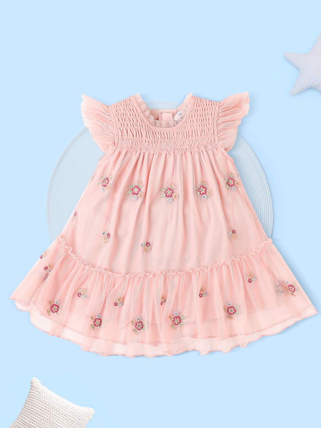 

Nautinati Girls' Round Neck Embroidered Dress, Pink