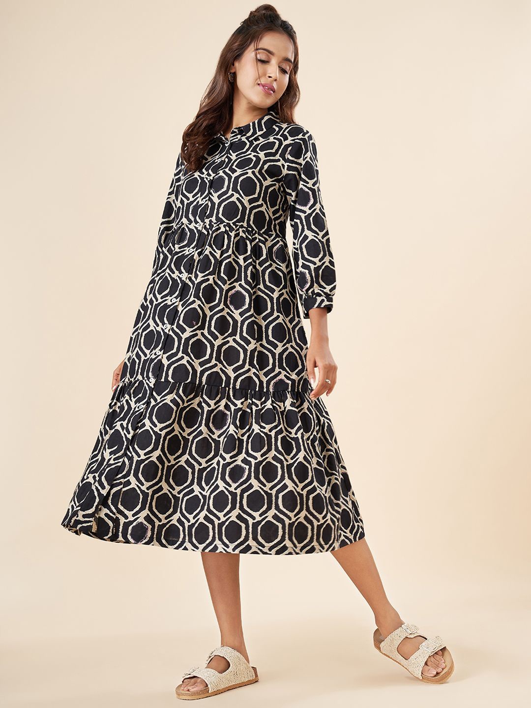 

AKKRITI BY PANTALOONS Ethnic Motifs Print A-Line Midi Dress, Black
