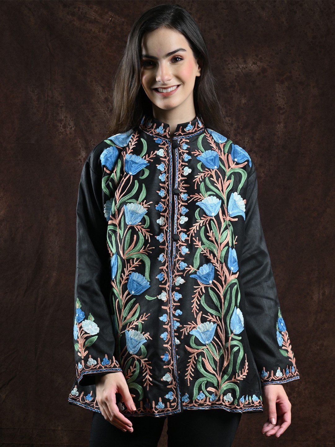 

Exotic India Women Floral Tailored Jacket, Black