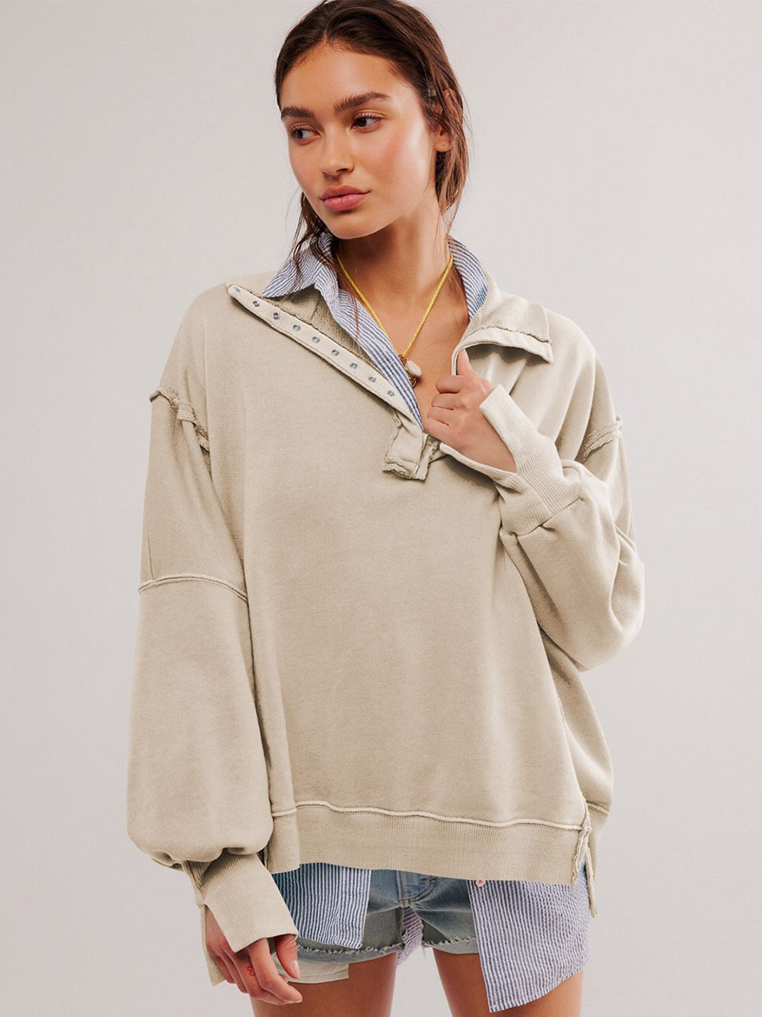 

JC Mode Women Solid Oversized Sweatshirt, Beige
