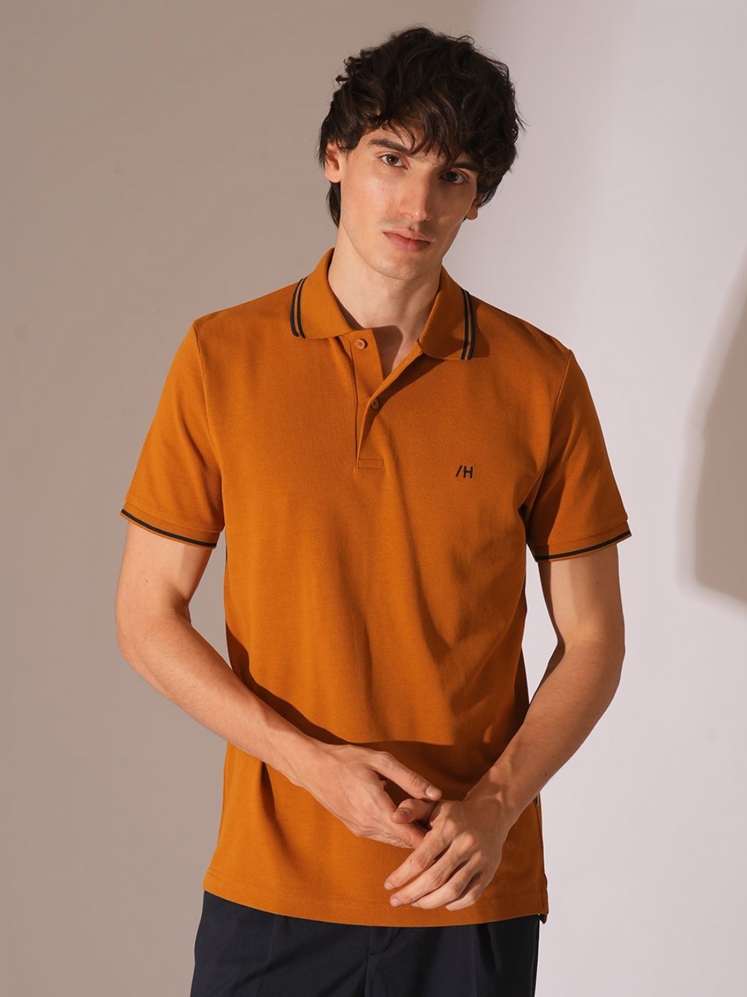 

SELECTED Men Solid Polo Collar Organic Cotton Slim Fit T-shirt, Orange